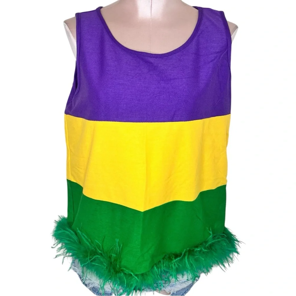 Mardi Gras Tank Cotton Top with Feather Hem